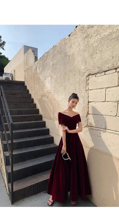 Chic Black Soft Velvet Evening Party Wedding Dresses for Women Off Shoulder Maxi Clothes