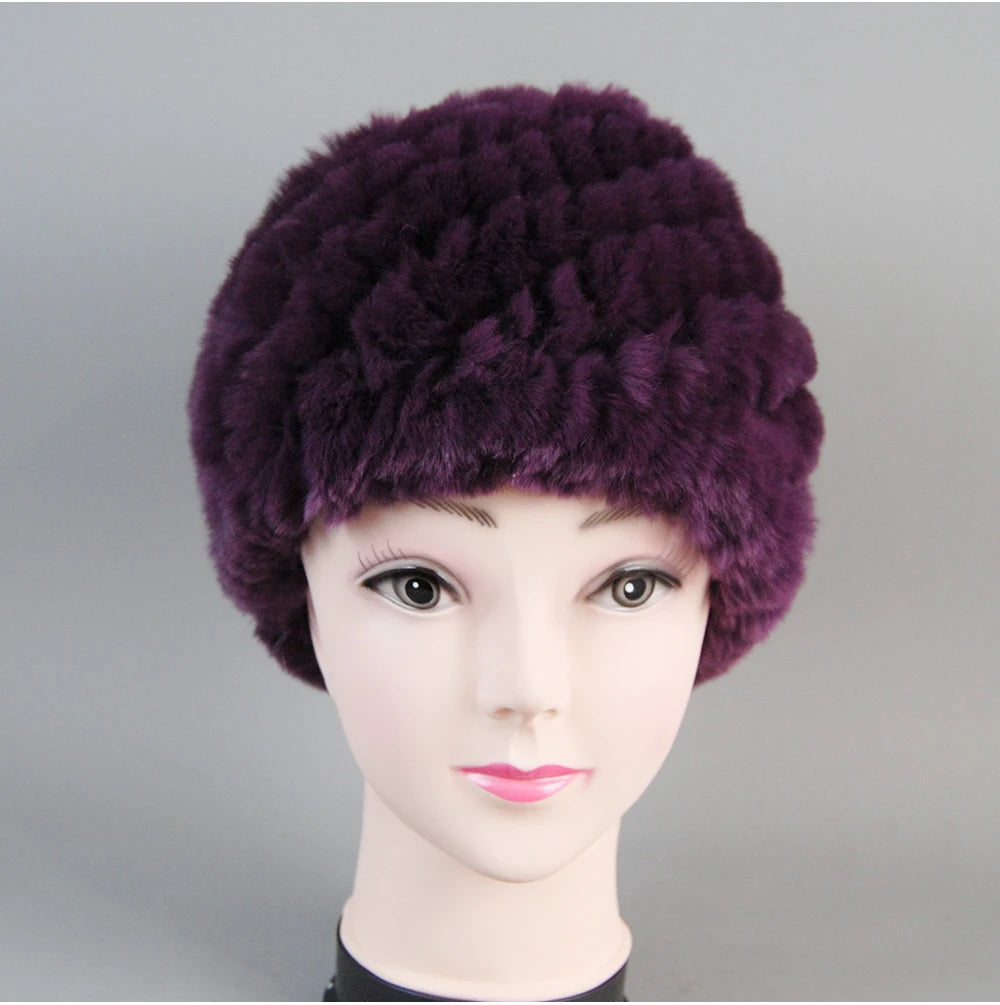 Real Rex Rabbit Winter Fur Hat For Women Russian Real Fur Knitted Cap
