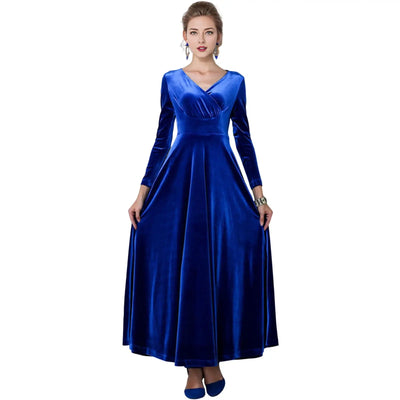 Long Sleeve V Neck Pleated Velvet Banquet Party Maxi Dress Party Wedding