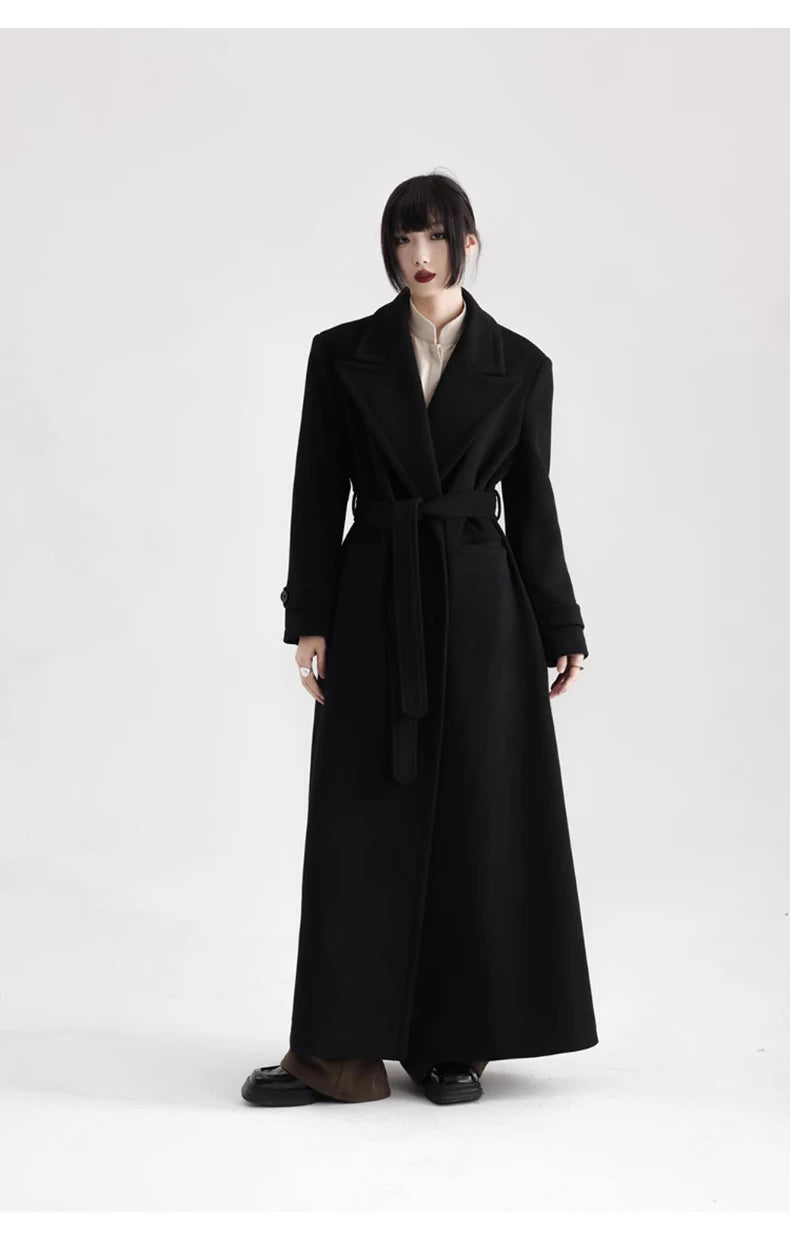 Winter Luxury Extra Long Black Warm Soft Wool & blends Coat for Women
