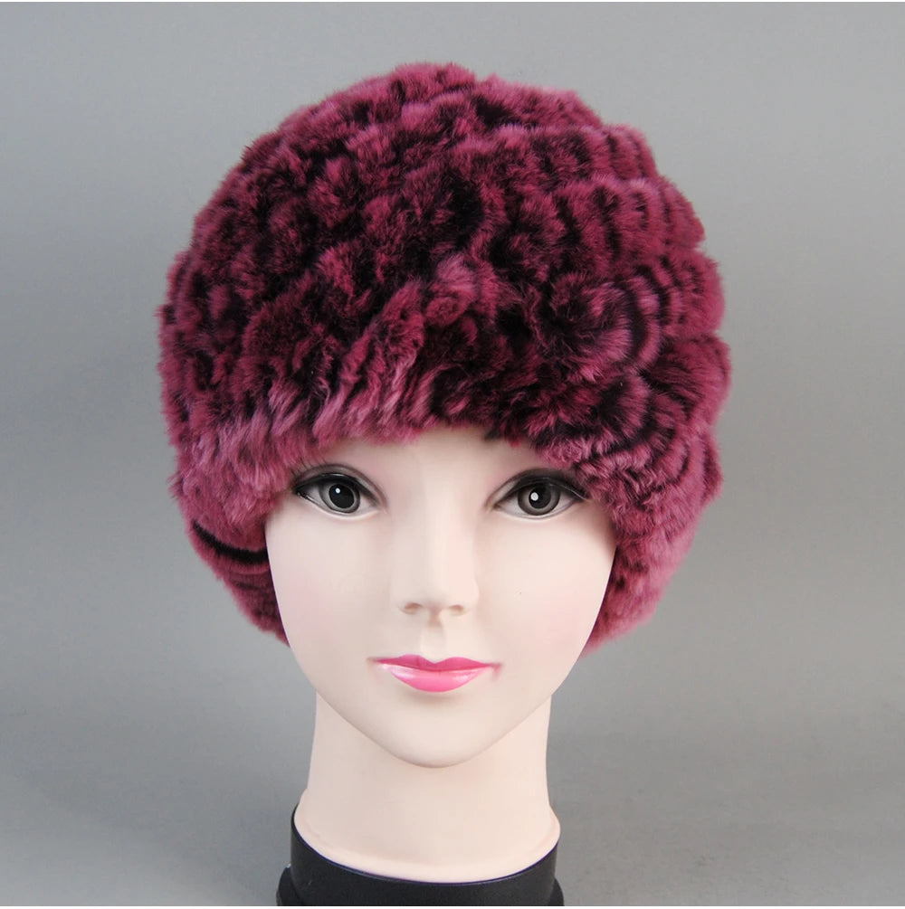Real Rex Rabbit Winter Fur Hat For Women Russian Real Fur Knitted Cap