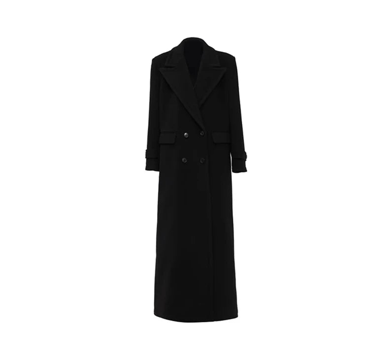 Winter Luxury Extra Long Black Warm Soft Wool & blends Coat for Women