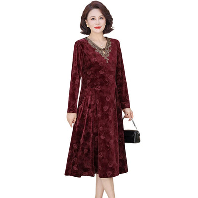 V-Neck Long Sleeve Velvet Dress Women's Meticulous Pocket Mid-Length Gown