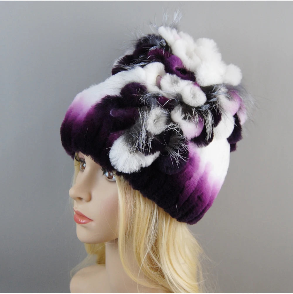 Luxury Women Fur Hat For Winter Handmade Natural Rex Rabbit Fox .