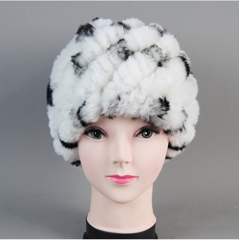 Real Rex Rabbit Winter Fur Hat For Women Russian Real Fur Knitted Cap