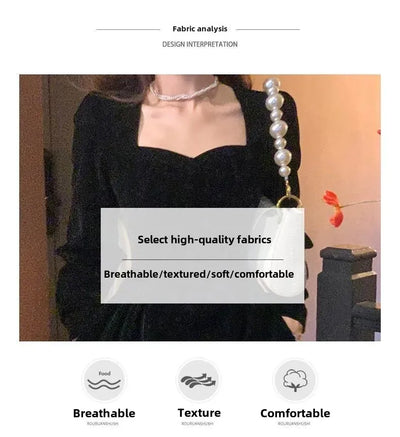 Gold Velvet Women's Dress Elegant Waist-Cinching Ladylike Style