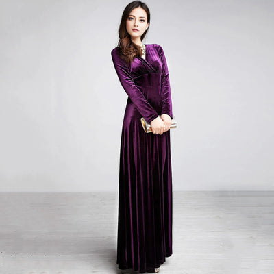 Long Sleeve V Neck Pleated Velvet Banquet Party Maxi Dress Party Wedding