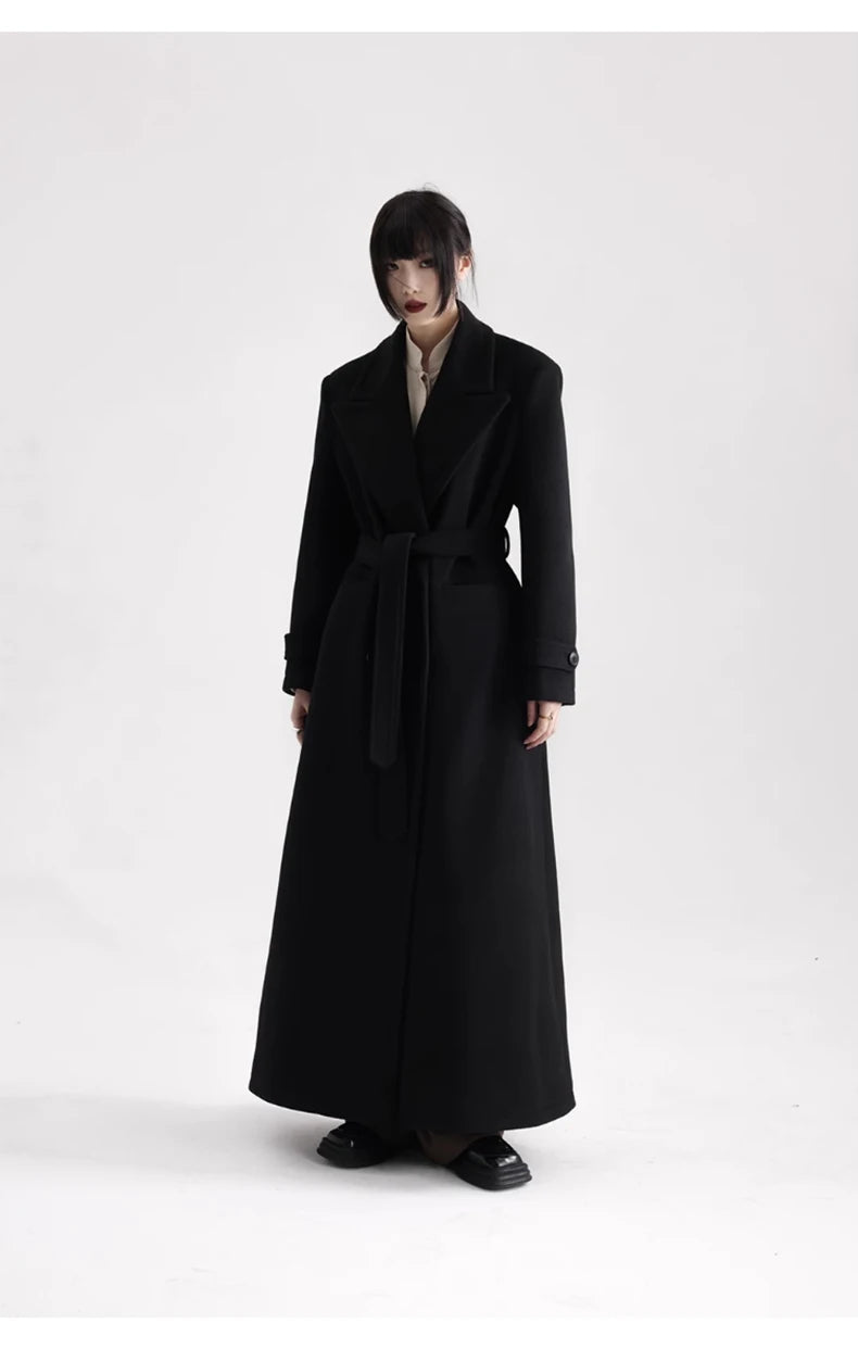 Winter Luxury Extra Long Black Warm Soft Wool & blends Coat for Women