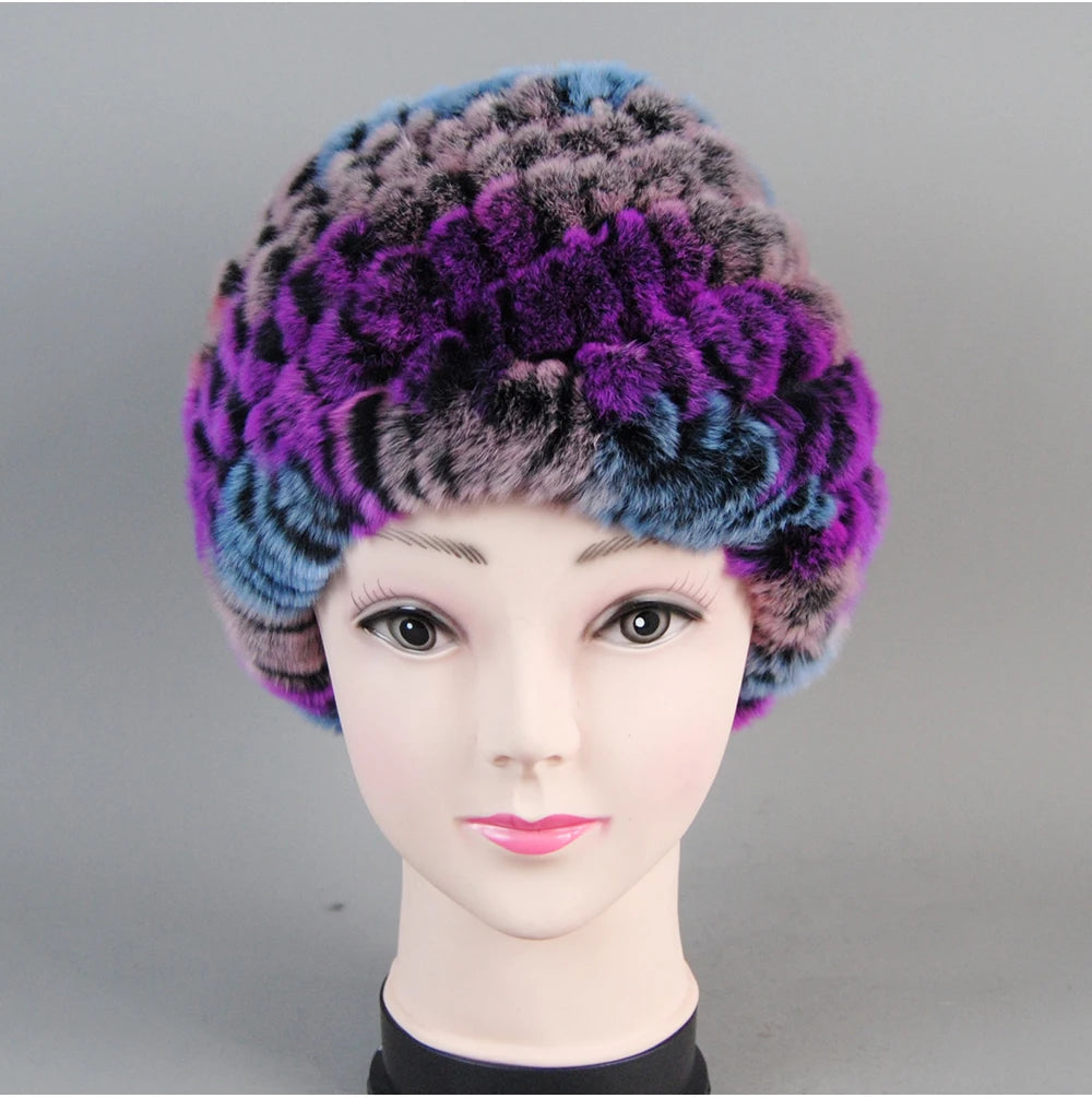 Real Rex Rabbit Winter Fur Hat For Women Russian Real Fur Knitted Cap