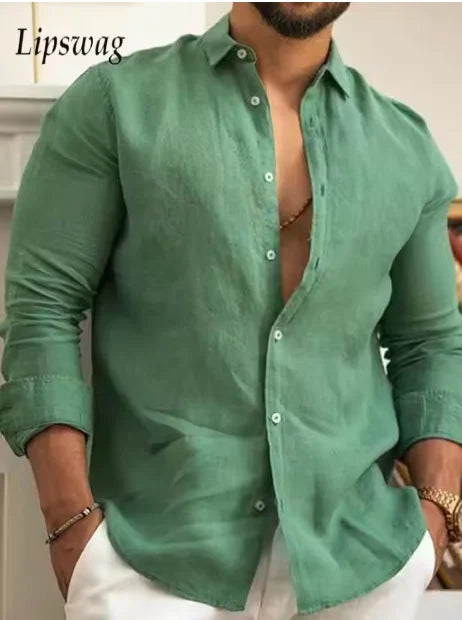 Solid Color Cotton Linen Plain Shirt Men Classic Button-up