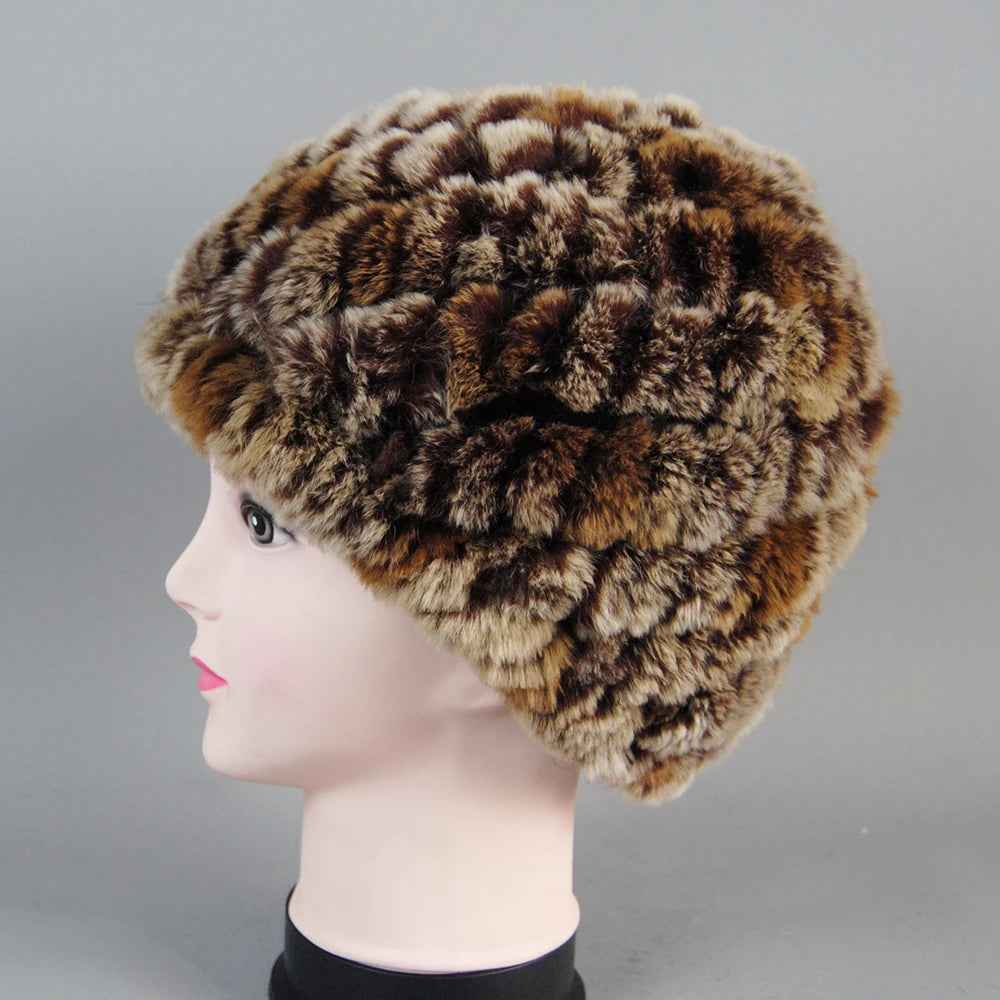 Real Rex Rabbit Winter Fur Hat For Women Russian Real Fur Knitted Cap