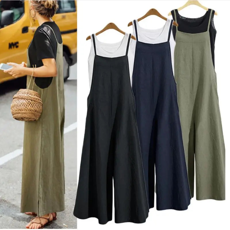 Sleeveless Jumpsuit Solid Color Wide Leg Casual Loose Cotton Linen
