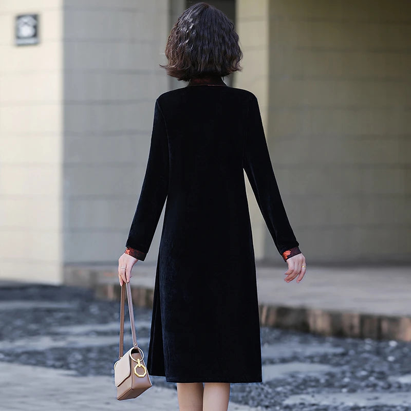 Velvet Midi Dress Women's Velvet Full Sleeve Knee-length Regular Shirt