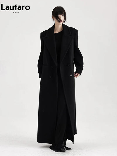 Winter Luxury Extra Long Black Warm Soft Wool & blends Coat for Women