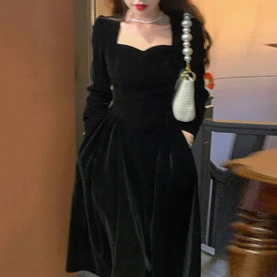 Gold Velvet Women's Dress Elegant Waist-Cinching Ladylike Style