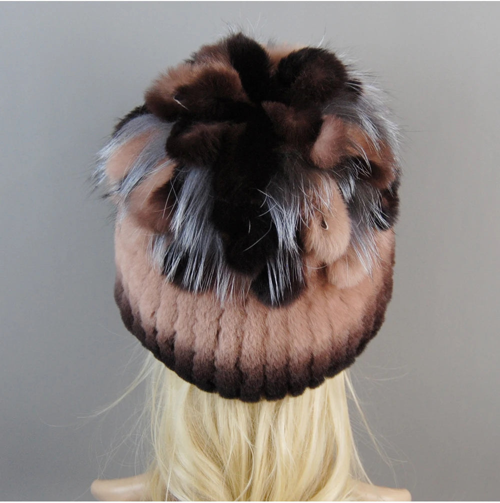 Luxury Women Fur Hat For Winter Handmade Natural Rex Rabbit Fox .