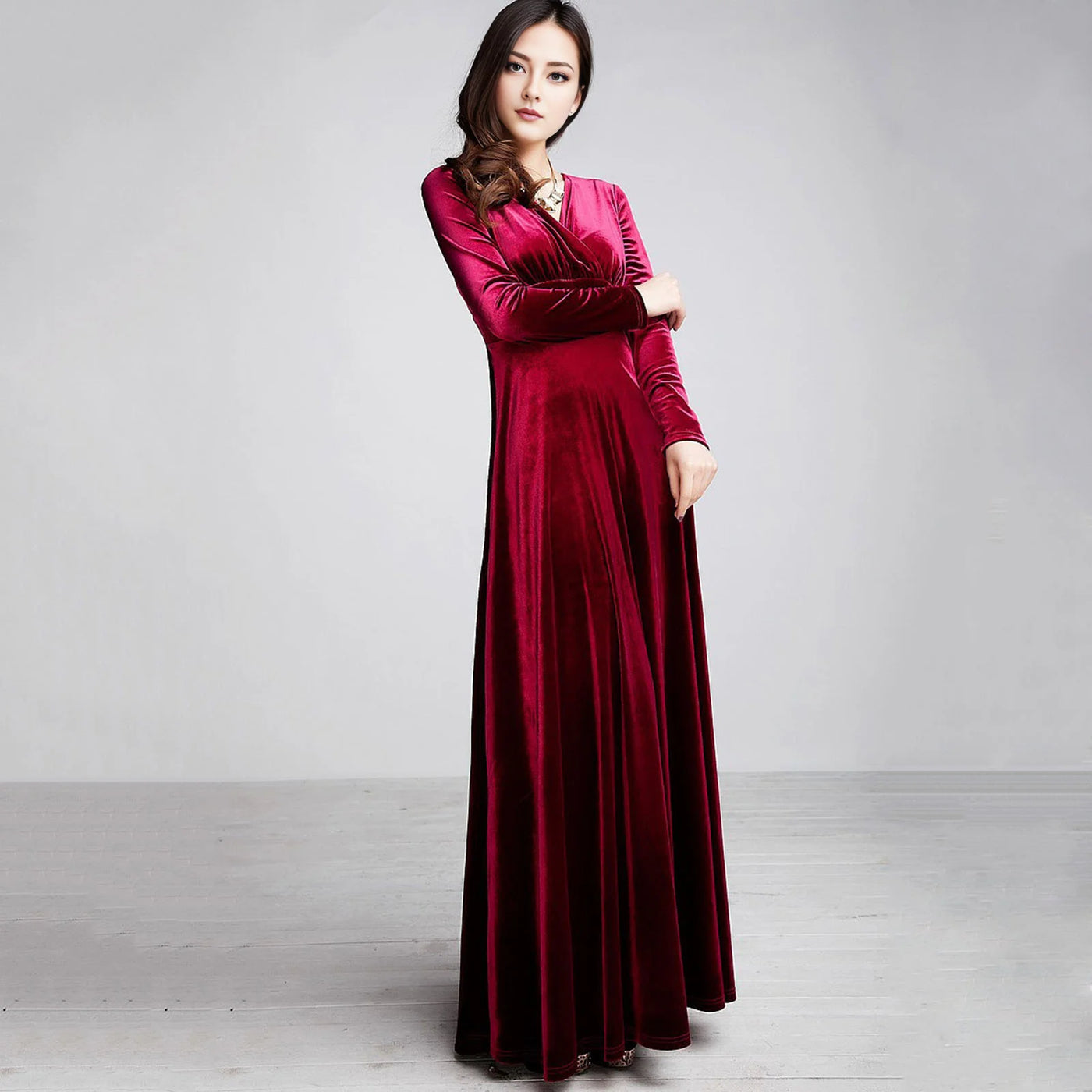 Long Sleeve V Neck Pleated Velvet Banquet Party Maxi Dress Party Wedding