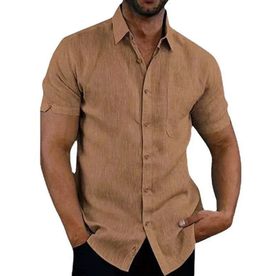 Cotton Linen Shirts for Men Casual Short Sleeved Shirts Blouses Solid Turn-Down Collar