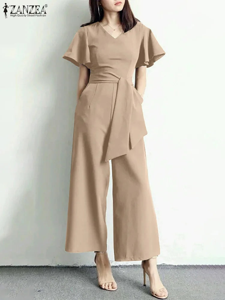 Wide Leg Jumpsuits Summer V Neck Short Sleeve Rompers Elegant