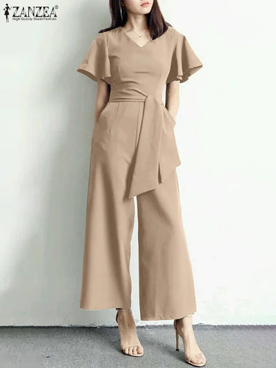 Wide Leg Jumpsuits Summer V Neck Short Sleeve Rompers Elegant