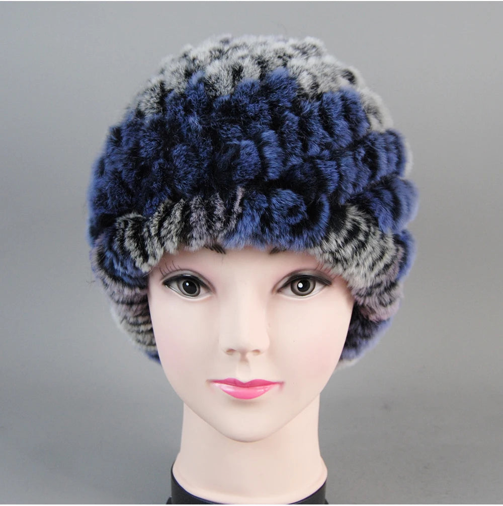 Real Rex Rabbit Winter Fur Hat For Women Russian Real Fur Knitted Cap