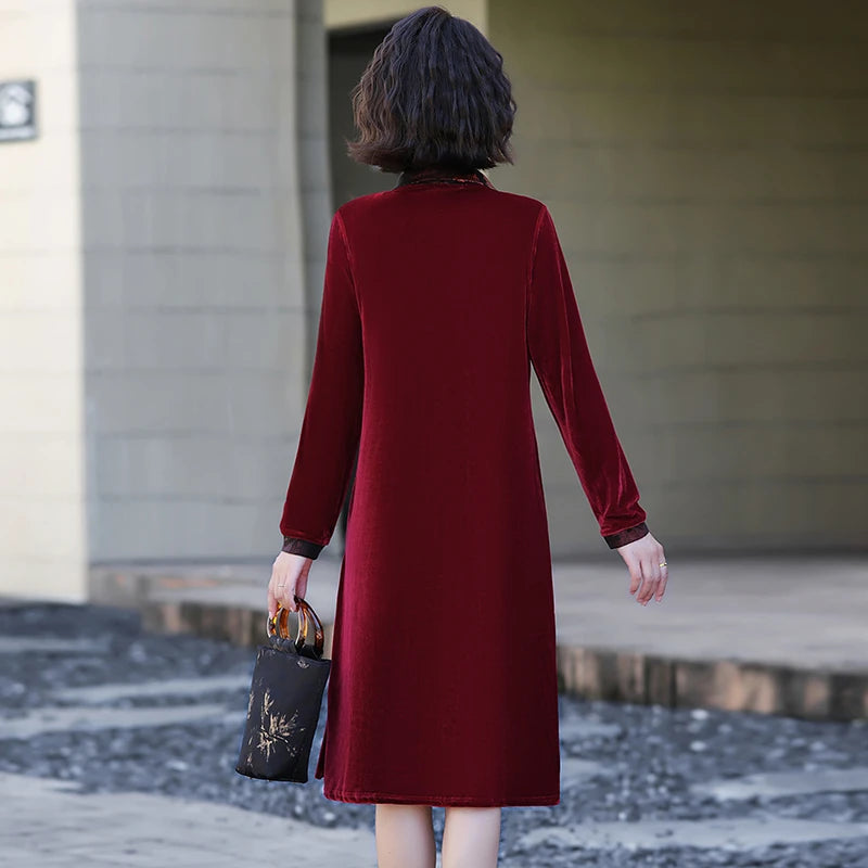 Velvet Midi Dress Women's Velvet Full Sleeve Knee-length Regular Shirt