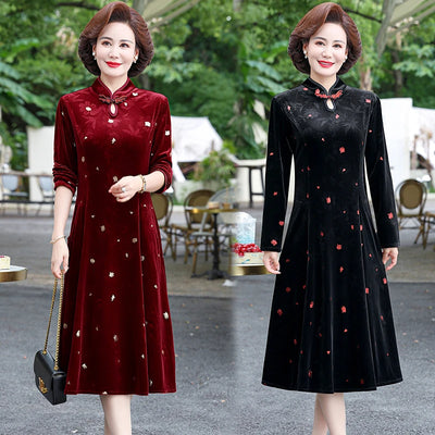 Embroidery Gold Velvet Cheongsam Long Dress Women