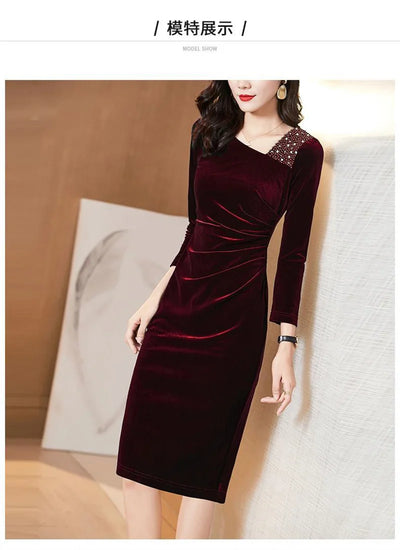 Golden Velvet Dress For Women  Long Sleeve Dress Velvet Thickened Hip