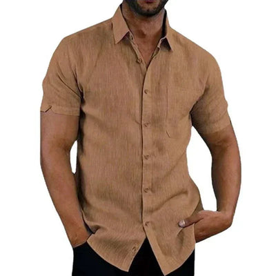 Cotton Linen Shirts for Men Casual Short Sleeved Shirts Blouses Solid Turn-Down Collar