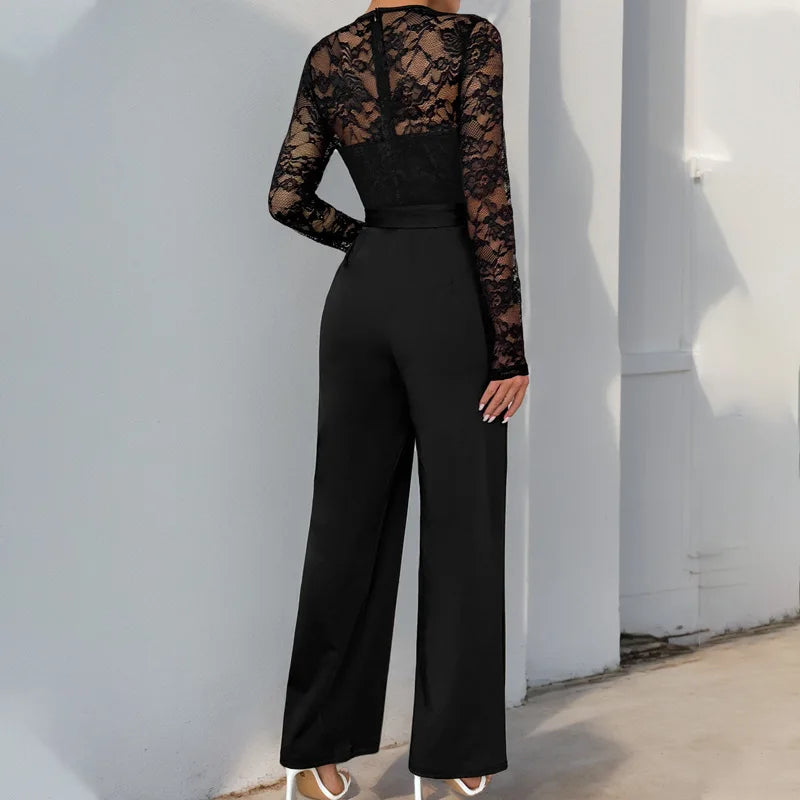 Hollow O-neck Patchwork High-waisted Lace-up Elegant Fashion.