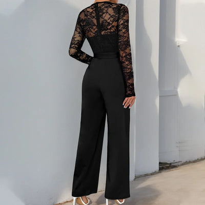 Hollow O-neck Patchwork High-waisted Lace-up Elegant Fashion.