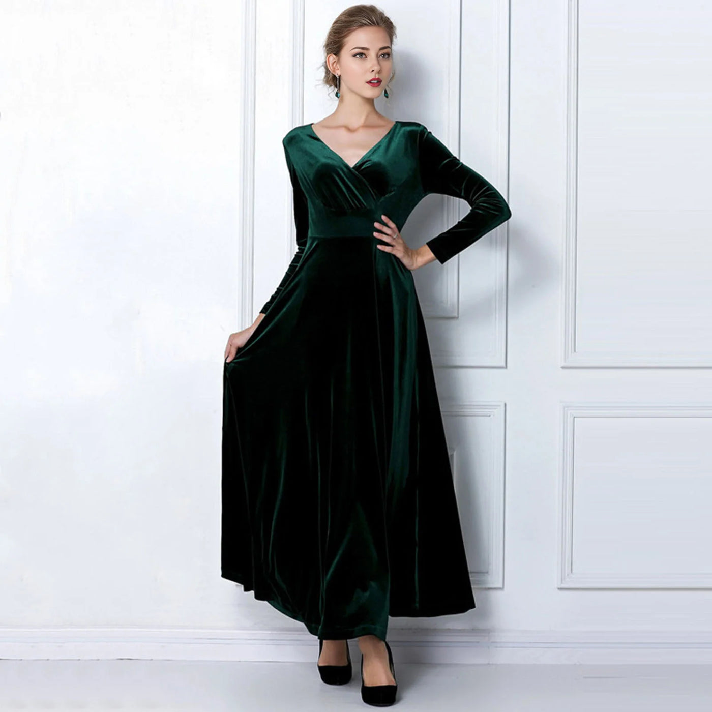 Long Sleeve V Neck Pleated Velvet Banquet Party Maxi Dress Party Wedding