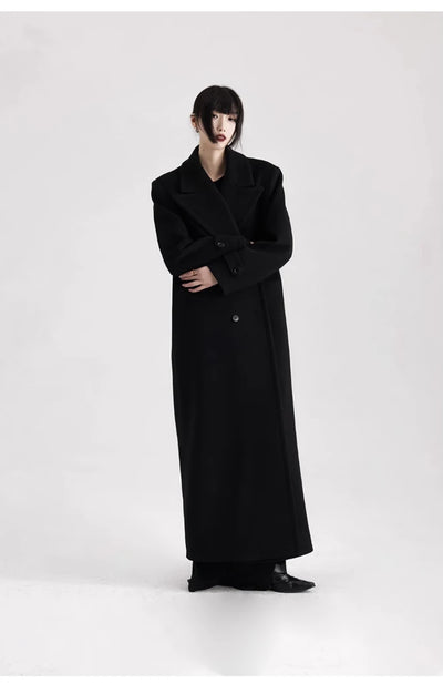 Winter Luxury Extra Long Black Warm Soft Wool & blends Coat for Women