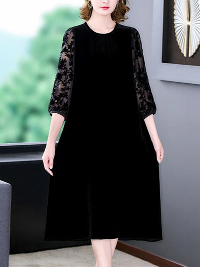 Velvet Chic Hook Flower Hollow Sexy Midi Dress Women Solid