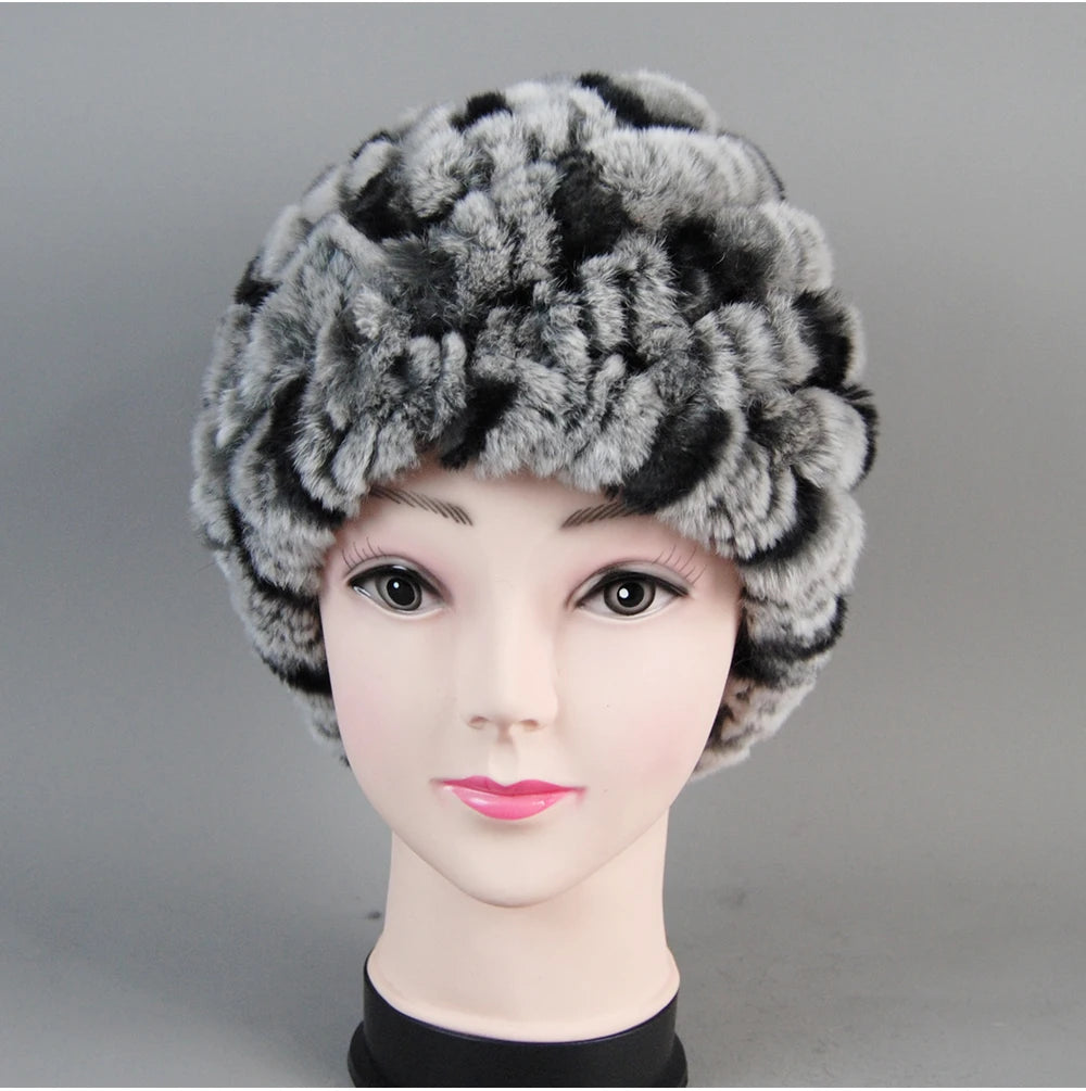Real Rex Rabbit Winter Fur Hat For Women Russian Real Fur Knitted Cap