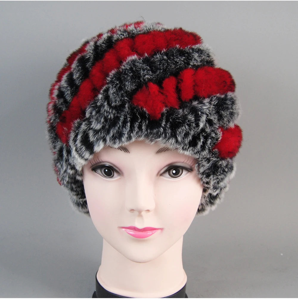 Real Rex Rabbit Winter Fur Hat For Women Russian Real Fur Knitted Cap