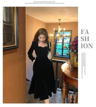 Gold Velvet Women's Dress Elegant Waist-Cinching Ladylike Style