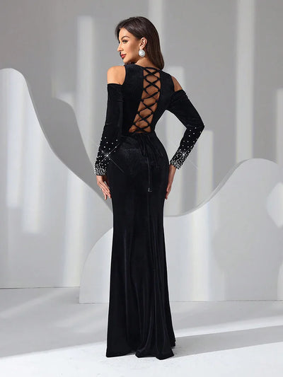 Elegant Velvet Dress With Bow Tie Backless Design 2024 New Luxury Diamond