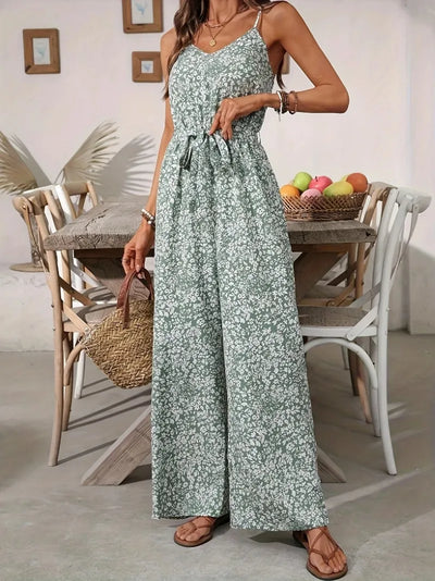 Jumpsuits for Women Summer Casual Printed Round Neck Suspender Jumpsuit