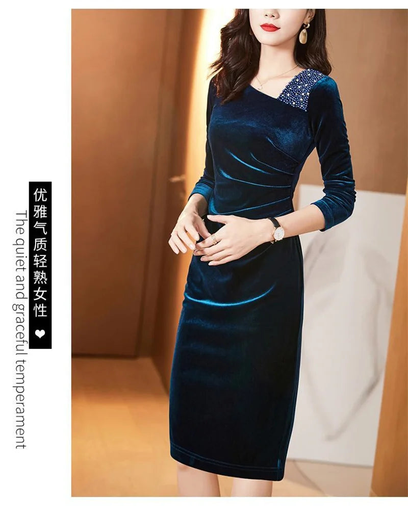 Golden Velvet Dress For Women  Long Sleeve Dress Velvet Thickened Hip