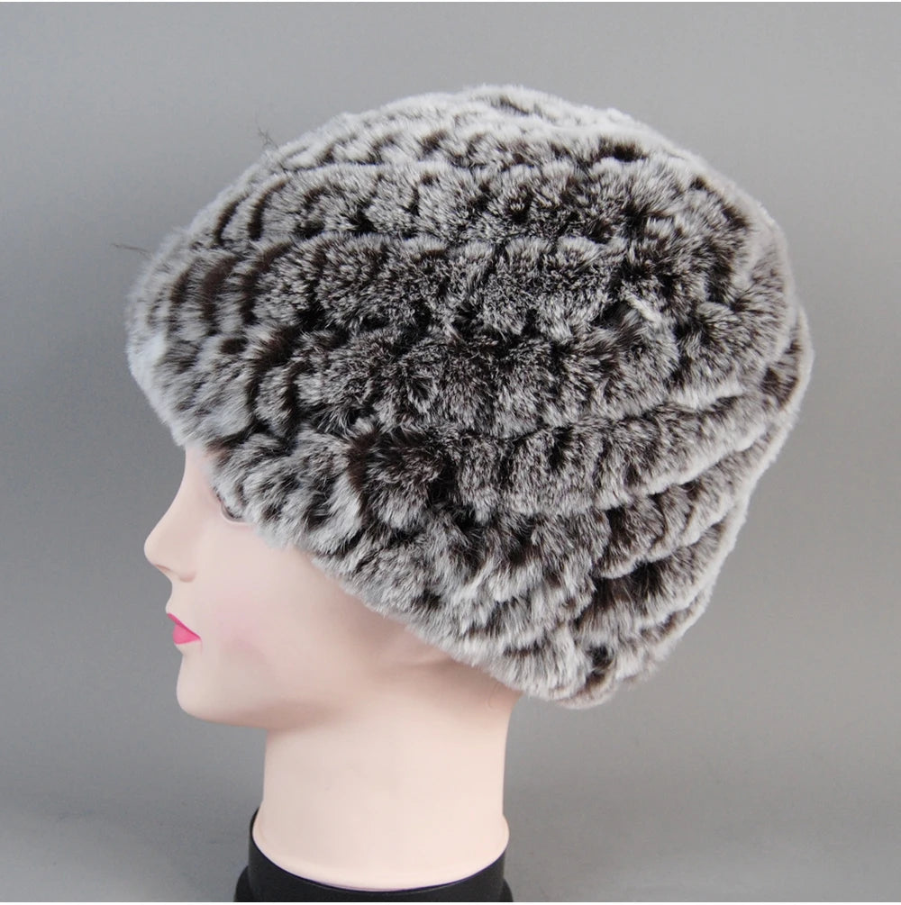 Real Rex Rabbit Winter Fur Hat For Women Russian Real Fur Knitted Cap