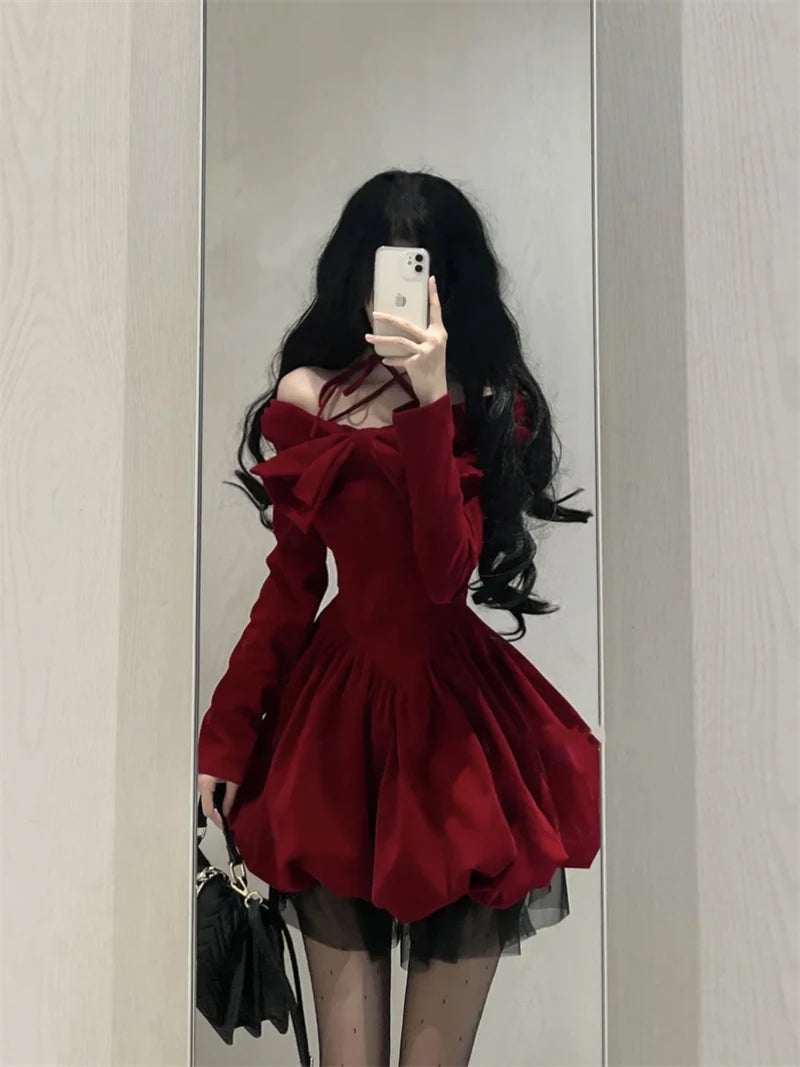 Y2K Sexy Slash Neck Red Velvet Dresses Winter Kawaii Christmas Party