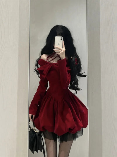 Y2K Sexy Slash Neck Red Velvet Dresses Winter Kawaii Christmas Party