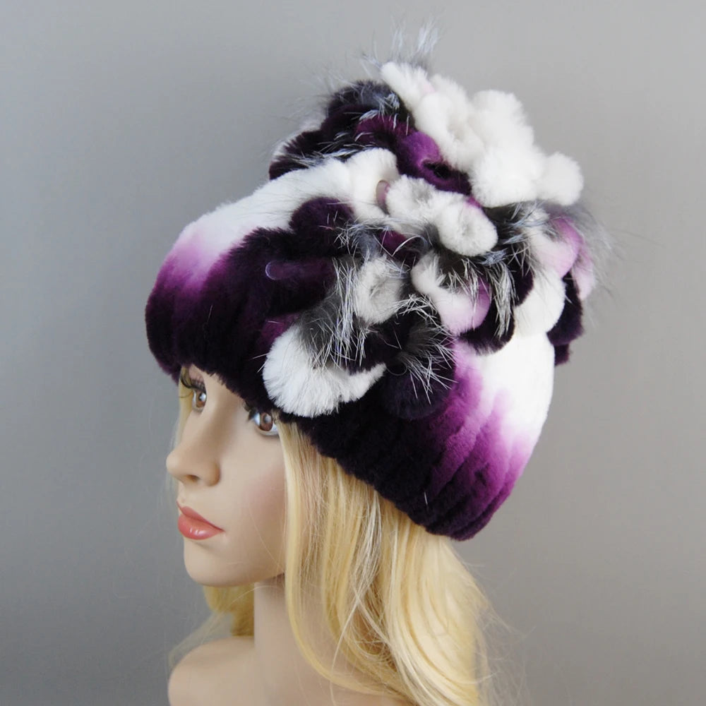 Luxury Women Fur Hat For Winter Handmade Natural Rex Rabbit Fox .