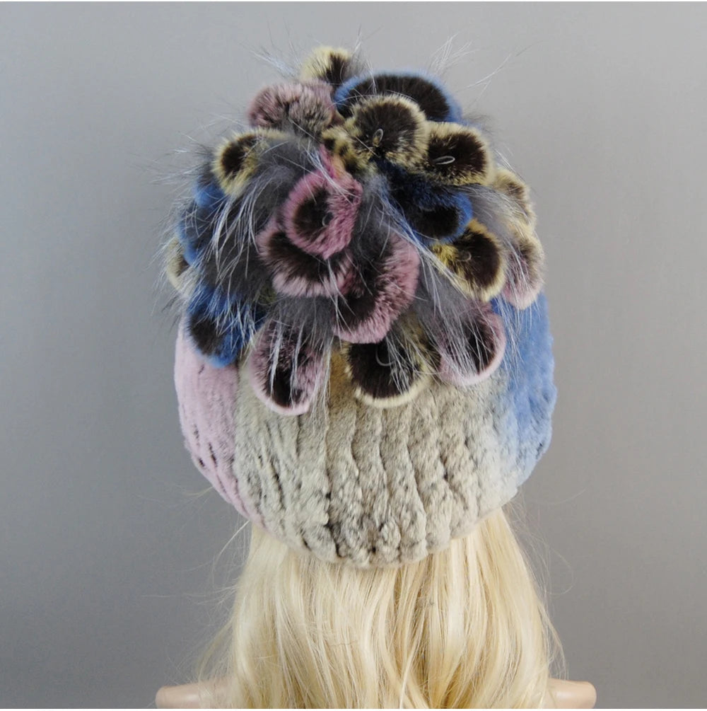 Luxury Women Fur Hat For Winter Handmade Natural Rex Rabbit Fox .