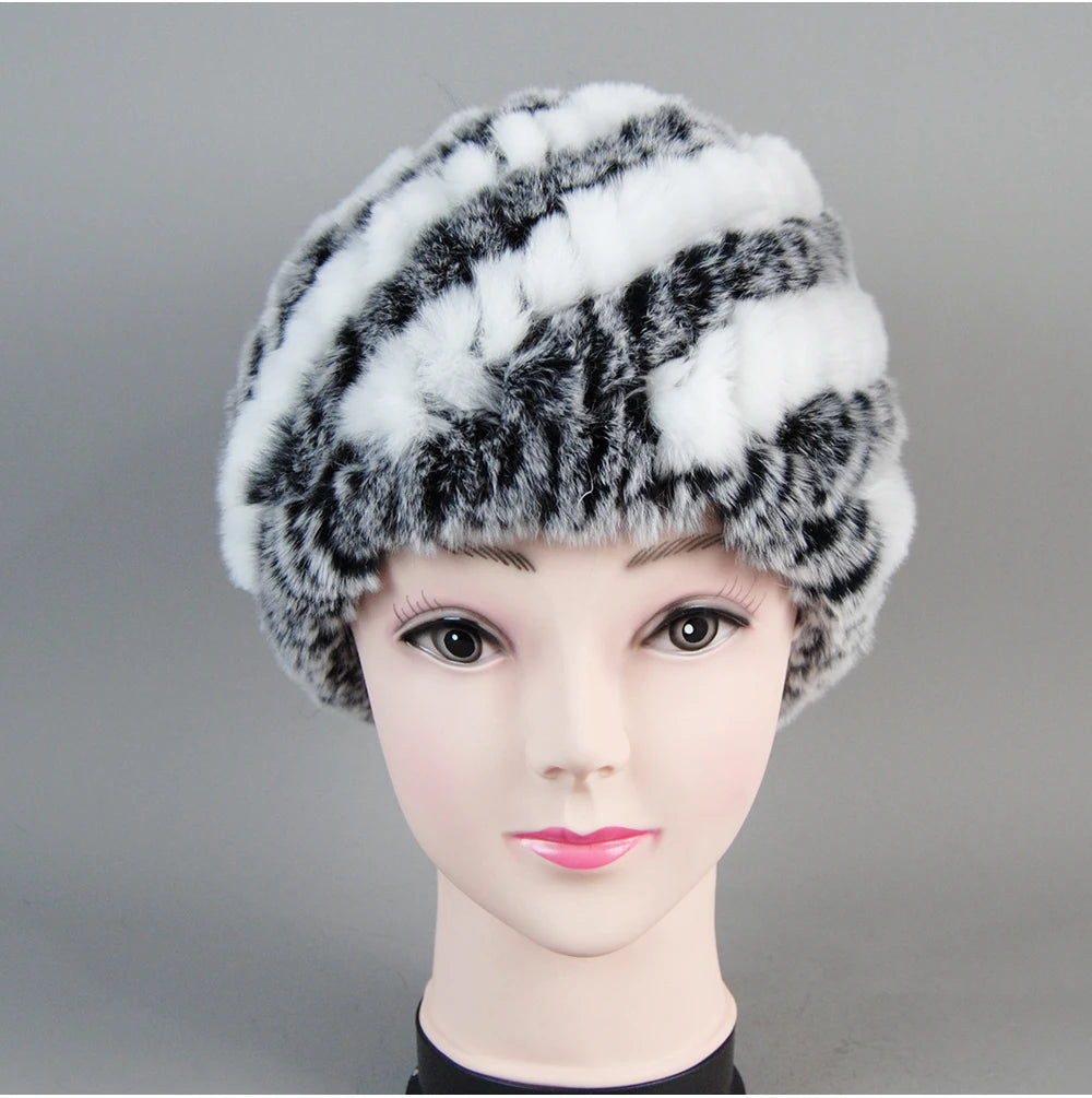 Real Rex Rabbit Winter Fur Hat For Women Russian Real Fur Knitted Cap