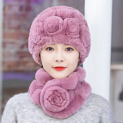Winter Fur Hat Scarf Sets Natural Warm Real Rex Rabbit Fur
