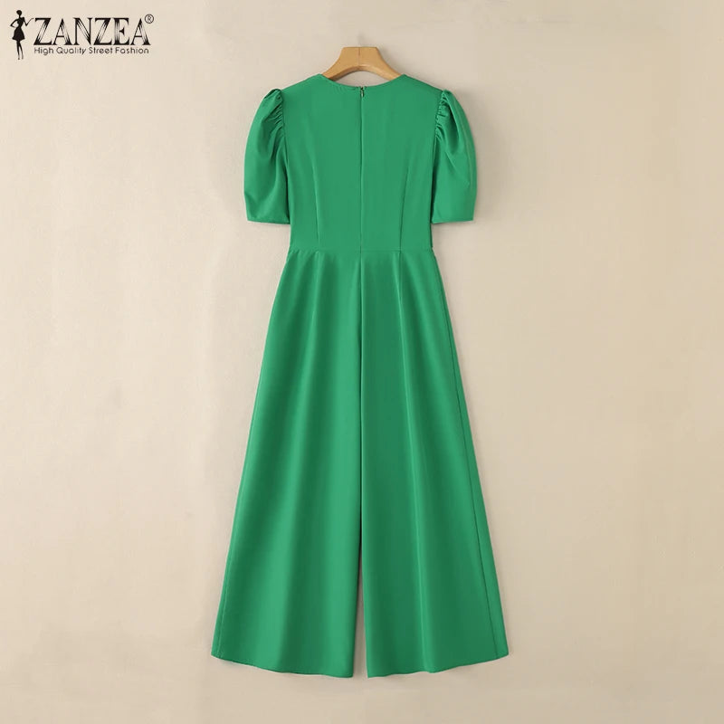 Office Casual Loose Short Sleeve Playsuits Solid Color Wide Leg Jumpsuits