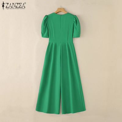 Office Casual Loose Short Sleeve Playsuits Solid Color Wide Leg Jumpsuits