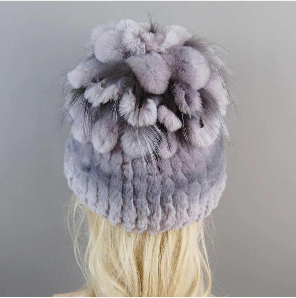 Luxury Women Fur Hat For Winter Handmade Natural Rex Rabbit Fox .
